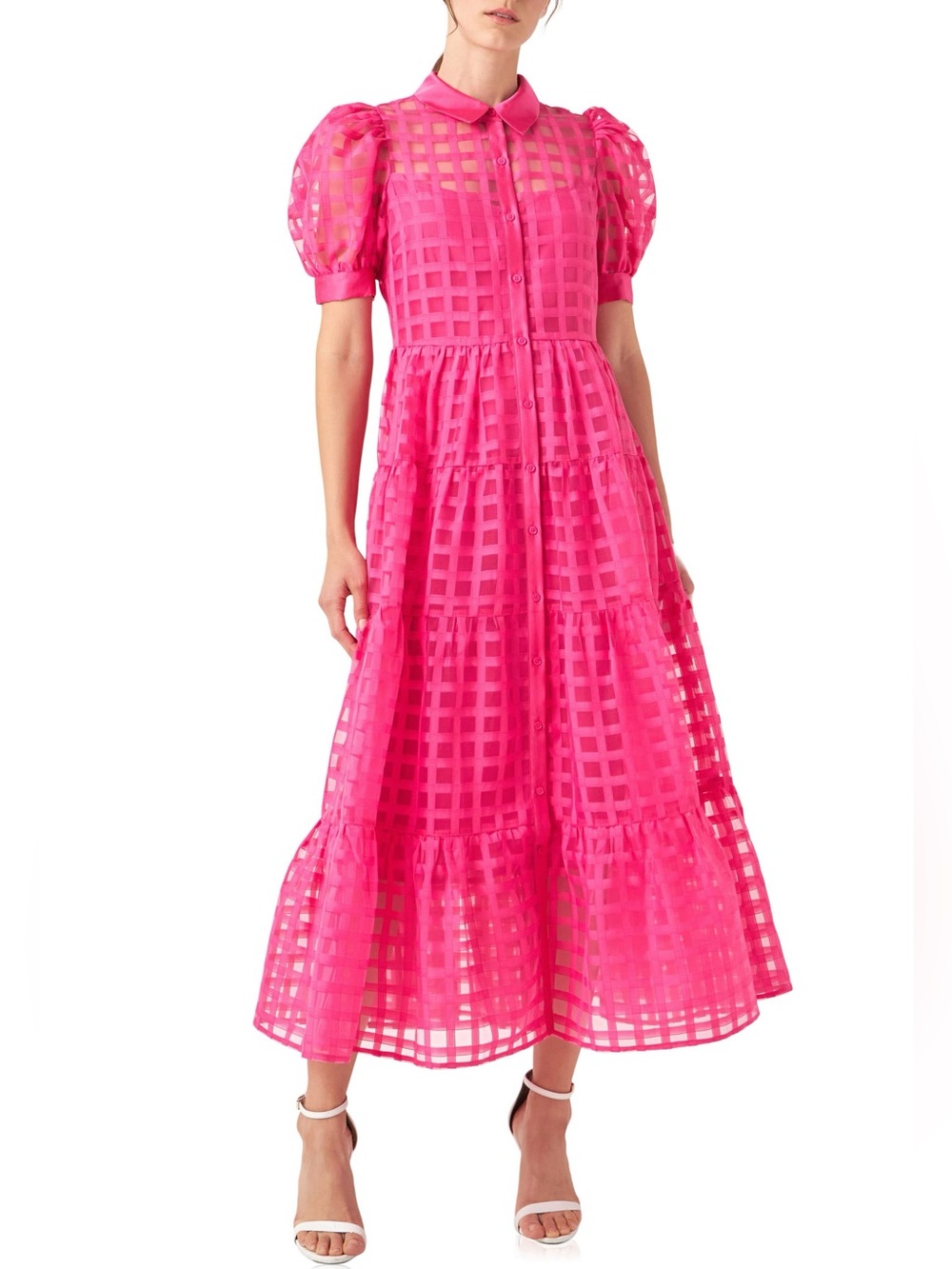 English Factory Hot Pink Check Tiered Maxi Dress NWT
